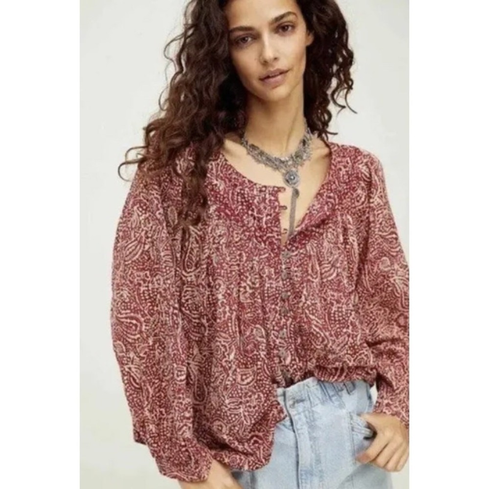 Free‎ People Cool Meadow Top Womens XS Cranberry Paisley Boho Peasant Blouse
